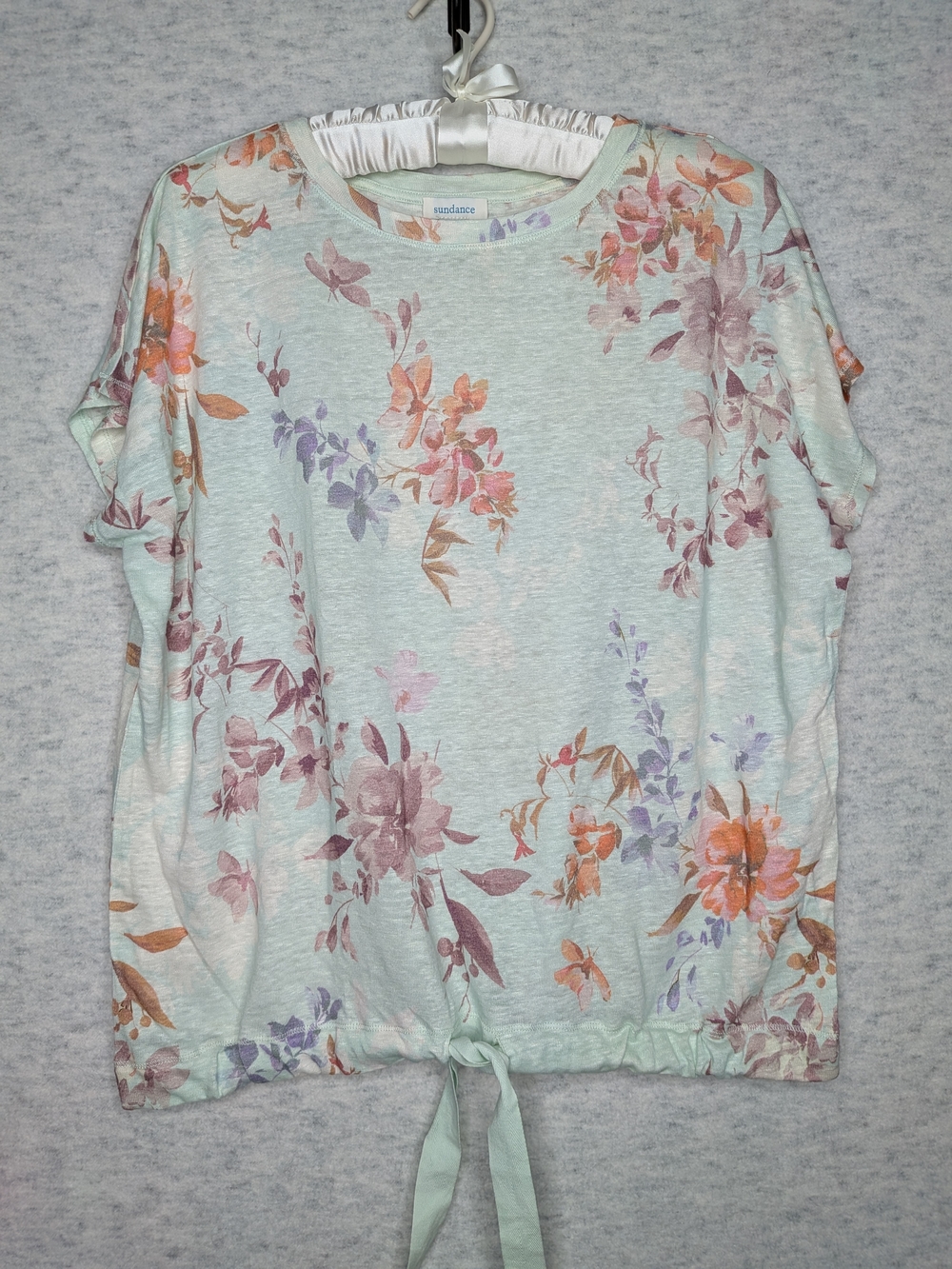 Sundance Floral Tie-Hem Short Sleeve Linen Top - Mint Floral Sz M